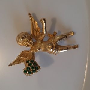 Goldtone, Cherub With Green Stone Heart Brooch